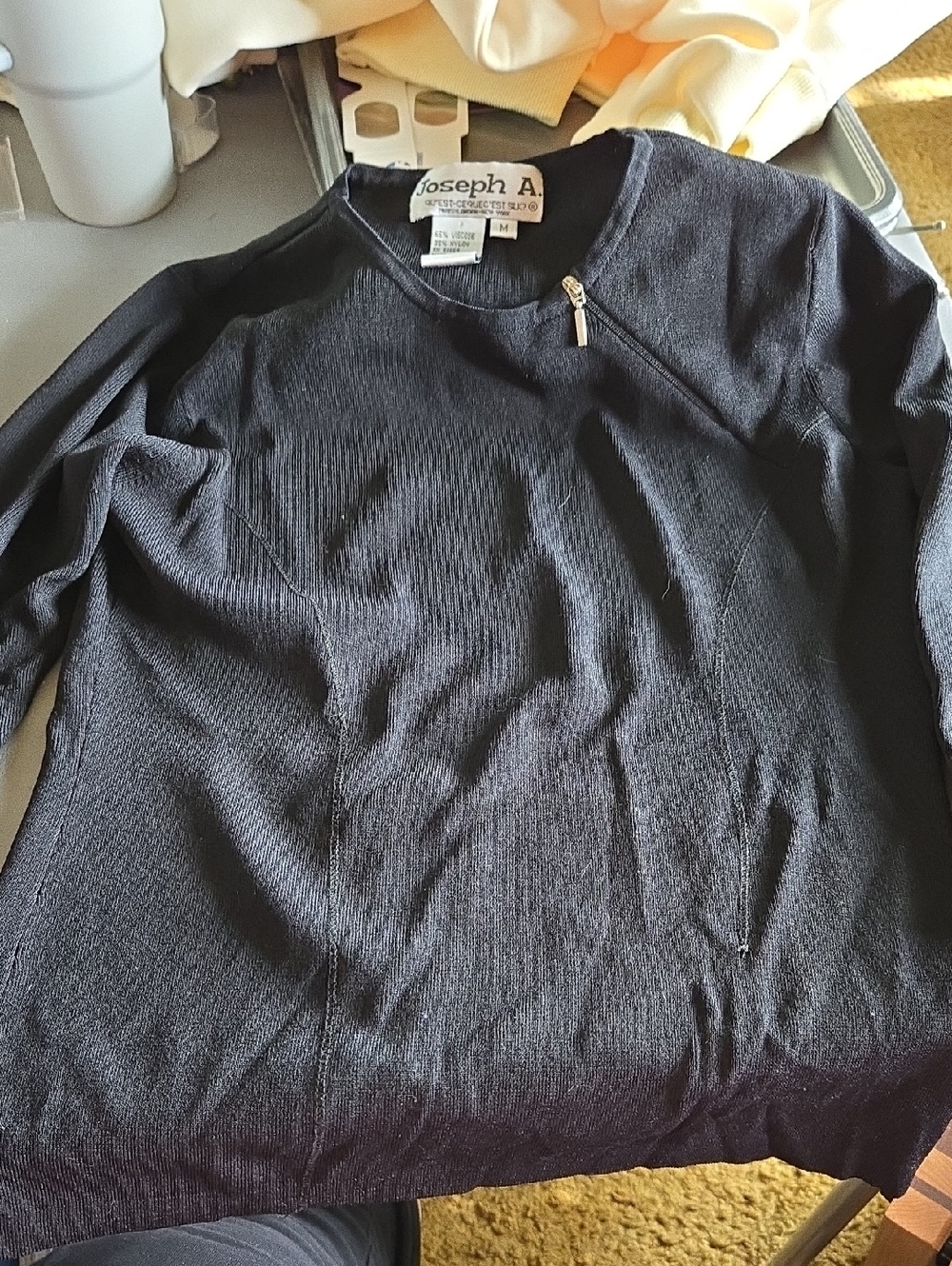 Joseph A Black Crewneck Sweater with Zip Accent